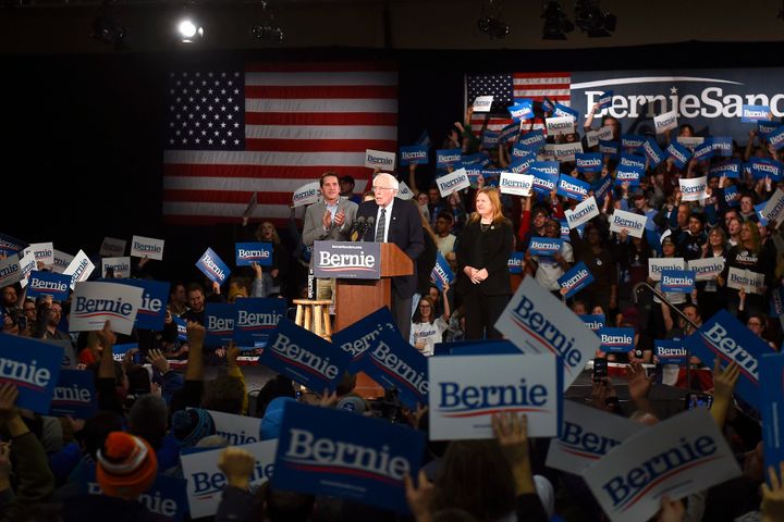U.S. Sen. Bernie Sanders addresses his supporters during a caucus night event in Des Moines, Iowa, on Monday. Sanders said he has a good feeling the Iowa caucus results will be positive for his campaign. 