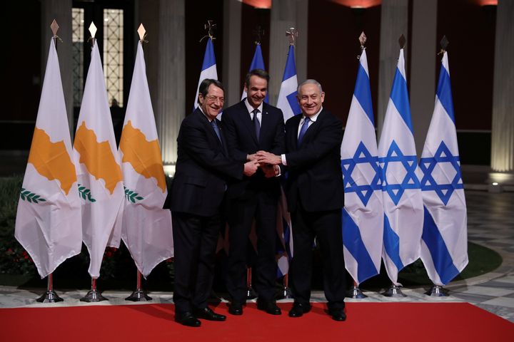 Από την τελετή υπογραφής συμφωνίας για τον αγωγό EastMed από τους ηγέτες Ελλάδας, Ισραήλ και Κύπρου, στις 2 Ιανουαρίου 2020, στο Ζάππειο. REUTERS/Alkis Konstantinidis