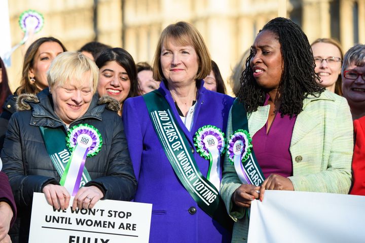 Harriet Harman pictured as female members of the shadow cabinet and Labour politicians launch a campaign celebrating 100 years of women's suffrage, outside the Houses of Parliament in London.