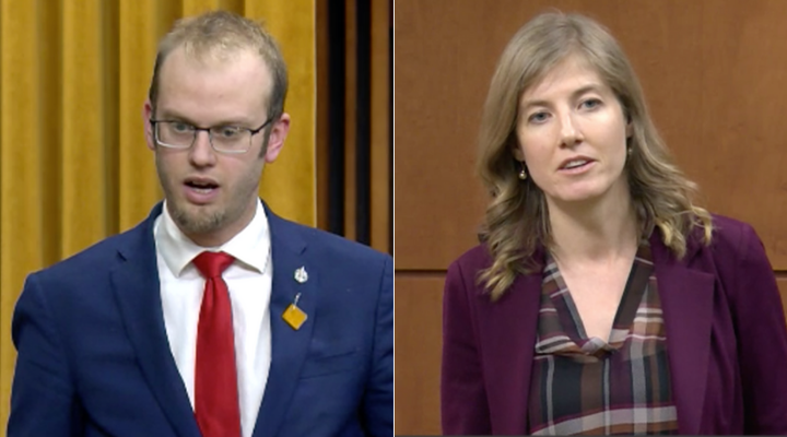 Conservative MP Arnold Viersen and NDP MP Laurel Collins are shown in a screengrab of debates in the House of Commons on Feb. 4, 2020.