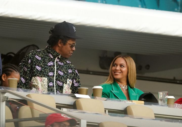 Jay-Z, Beyonce and daughter Blue Ivy watch Super Bowl LIV between the San Francisco 49ers and the Kansas City Chiefs at Hard Rock Stadium. 