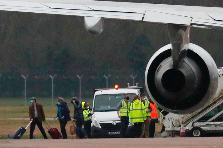 British nationals evacuated from Wuhan amid the coronavirus outbreak arriving at RAF Brize Norton on January 31