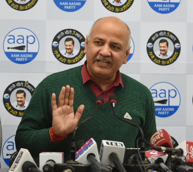 Delhi Deputy Chief Minister Manish Sisodia speaks to media during a press conference, at AAP Party office,...
