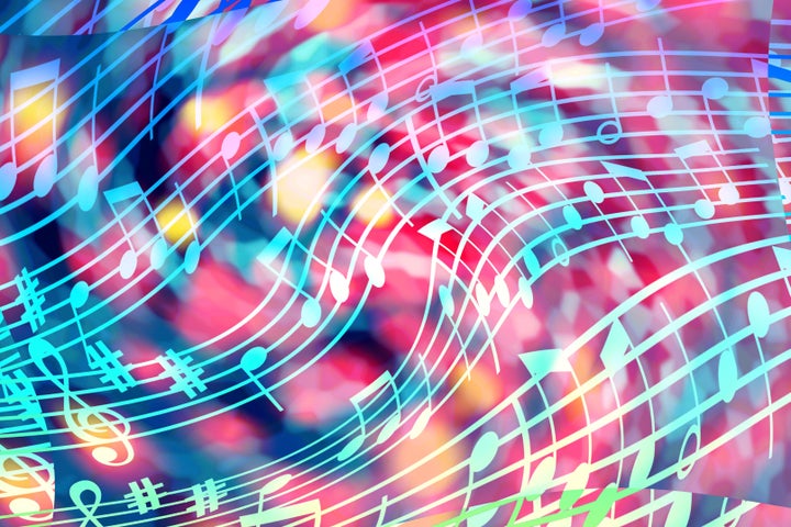 Bright, abstract, multicolor music background with musical score elements. Illustration.