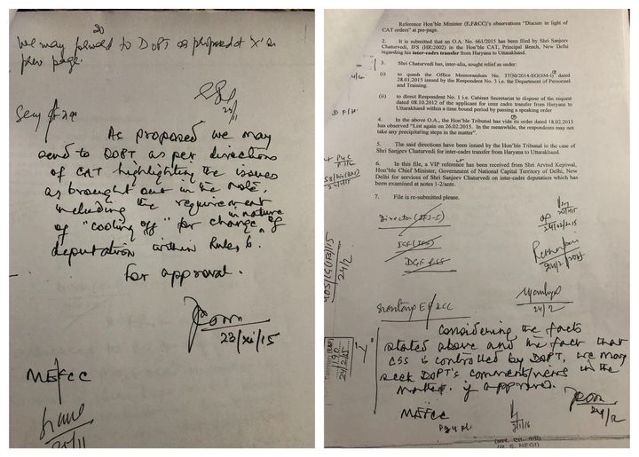 Ashok Lavasa's handwritten notes on documents in which the proposal for appointment of Sanjiv Chaturvedi in Delhi CM Arvind Kejriwal's office was discussed within the union ministry for environment, forests and climate change.