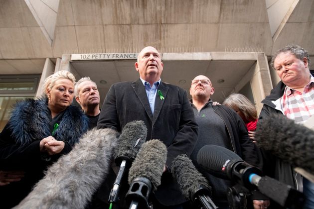 The family of Harry Dunn (left to right): mother Charlotte Charles, stepfather Bruce Charles, family spokesperson Radd Seiger, father Tim Dunn, stepmother Tracey Dunn and solicitor Mark Stephens outside the Ministry Of Justice in London 