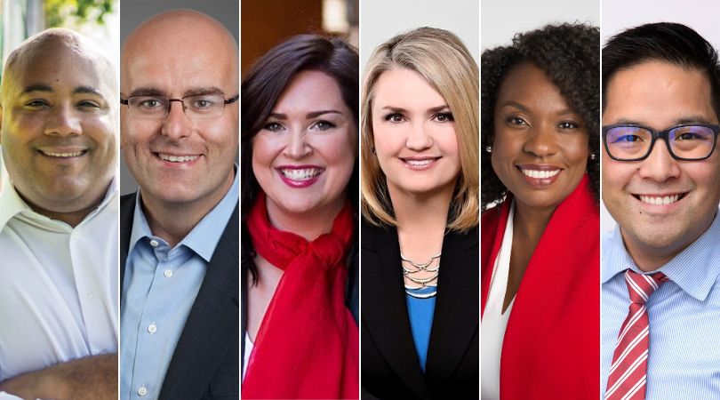 From left to right, the Ontario Liberal leadership candidates: Michael Coteau, Steven Del Duca, Kate Graham, Brenda Hollingsworth, Mitzie Hunter and Alvin Tedjo.