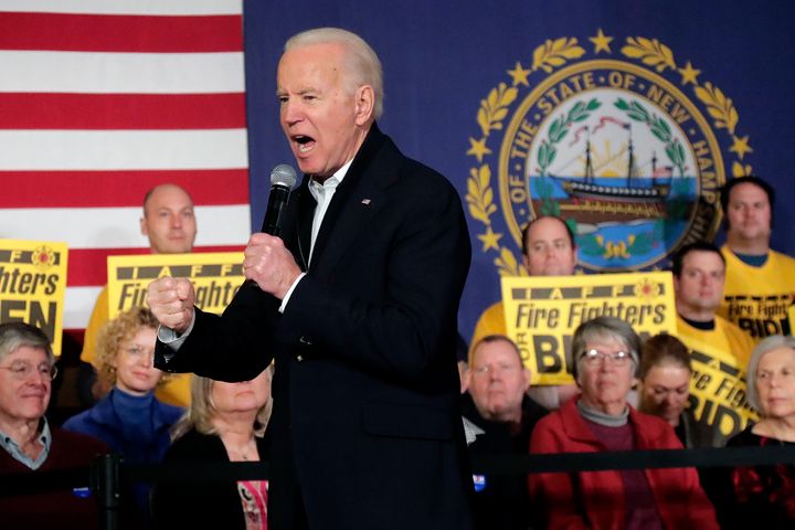 Democratic presidential candidate former Vice President Joe Biden clenches his fist as he speaks at a campaign event Feb. 5 in Somersworth, New Hampshire.