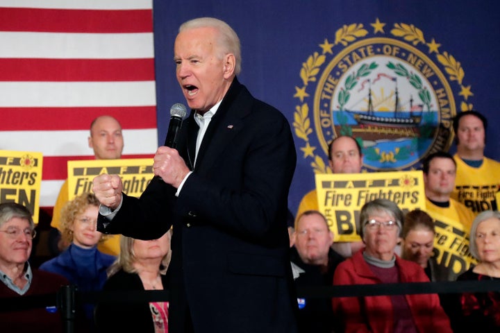 Democratic presidential candidate former Vice President Joe Biden clenches his fist as he speaks at a campaign event Feb. 5 i