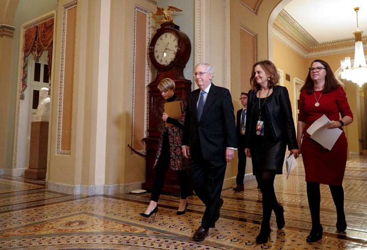 Senate Majority Leader Mitch McConnell (enters the Senate Chamber ahead of expected final votes in the Senate impeachment trial on Feb. 5, 2020. 