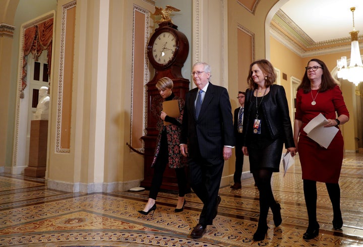 Senate Majority Leader Mitch McConnell (enters the Senate Chamber ahead of expected final votes in the Senate impeachment trial on Feb. 5, 2020. 