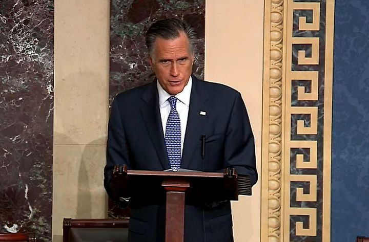 In this screengrab taken from a Senate Television webcast, Sen. Mitt Romney (R-Utah) speaks during impeachment proceedings against U.S. President Donald Trump in the Senate on Feb. 5, 2020, in Washington, D.C. 