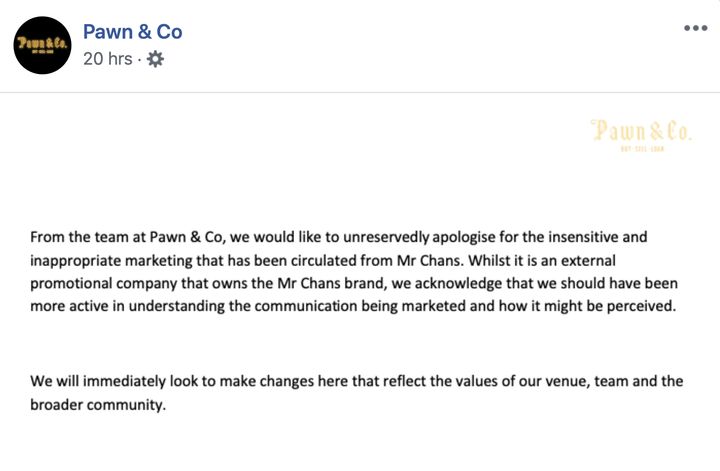 Pawn & Co issued an apology on Wednesday. 