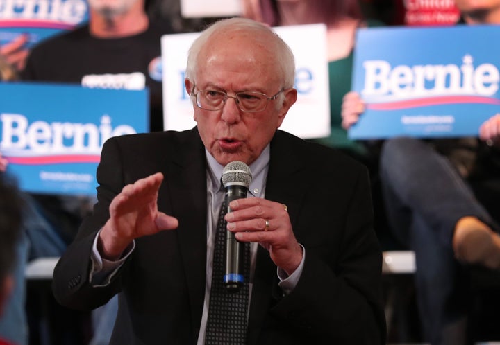 Sen. Bernie Sanders (I-Vt.) speaks to voters in Derry, New Hampshire, on Wednesday. He remains the polling favorite days befo