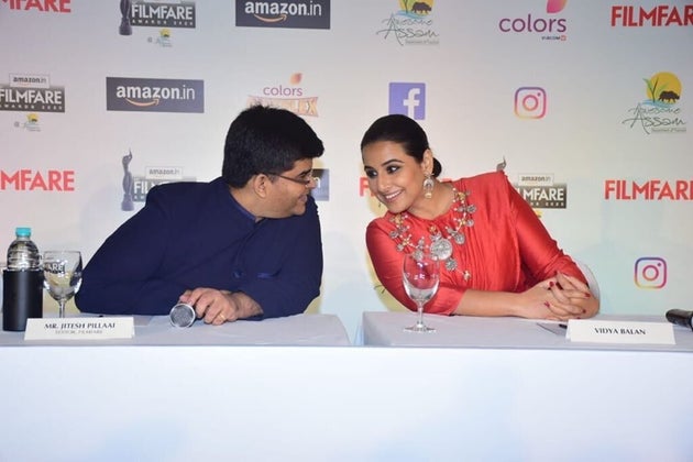 Editor Jitesh Pillai and actor Vidya Balan at the press conference of the Filmfare Awards on February...