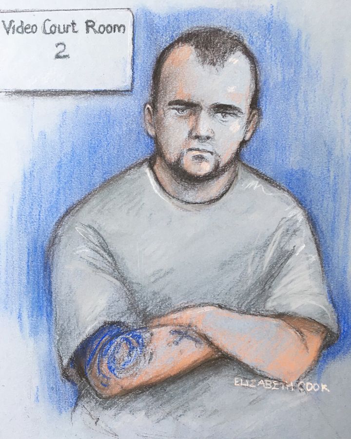 Court artist sketch by Elizabeth Cook of 23-year-old burglar Reece Dempster.