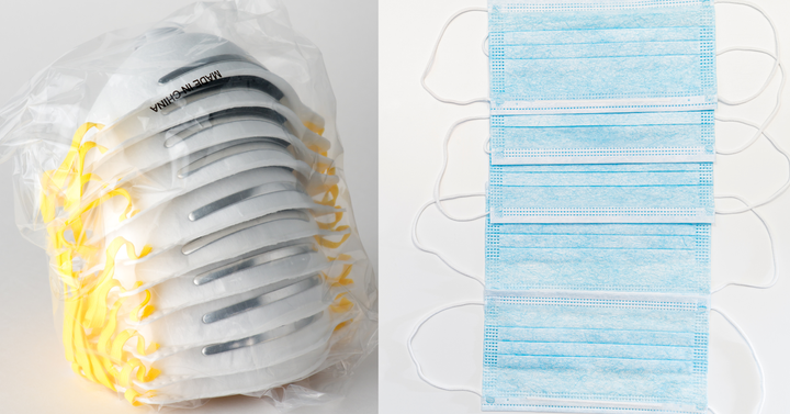 N95 masks, left, and paper surgical masks. Prof. Choi has developed a salt coating that can be applied to both types to destoroy viruses.
