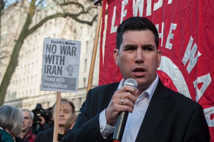 Richard Burgon MP addresses protest organised by Stop The War, in London