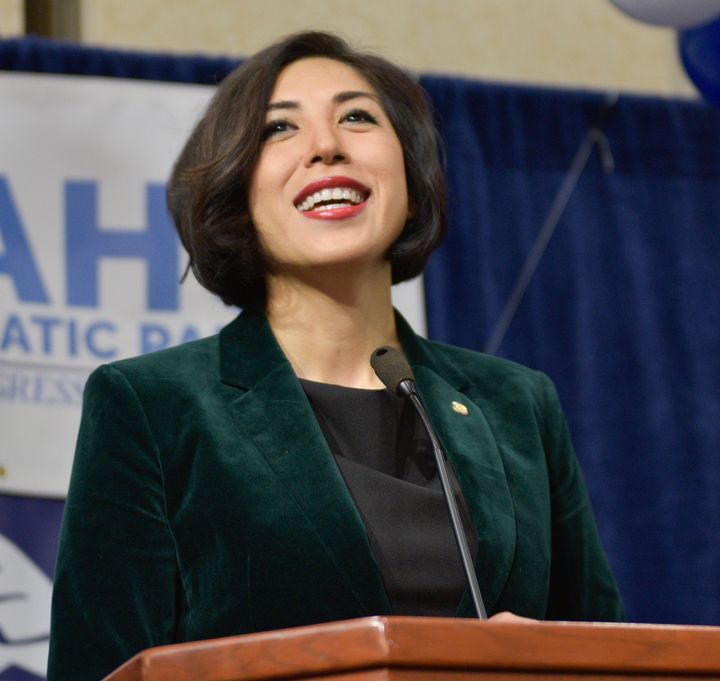 Democratic gubernatorial candidate Paulette Jordan addresses supporters at a 2018 election night party in Boise, Idaho. 