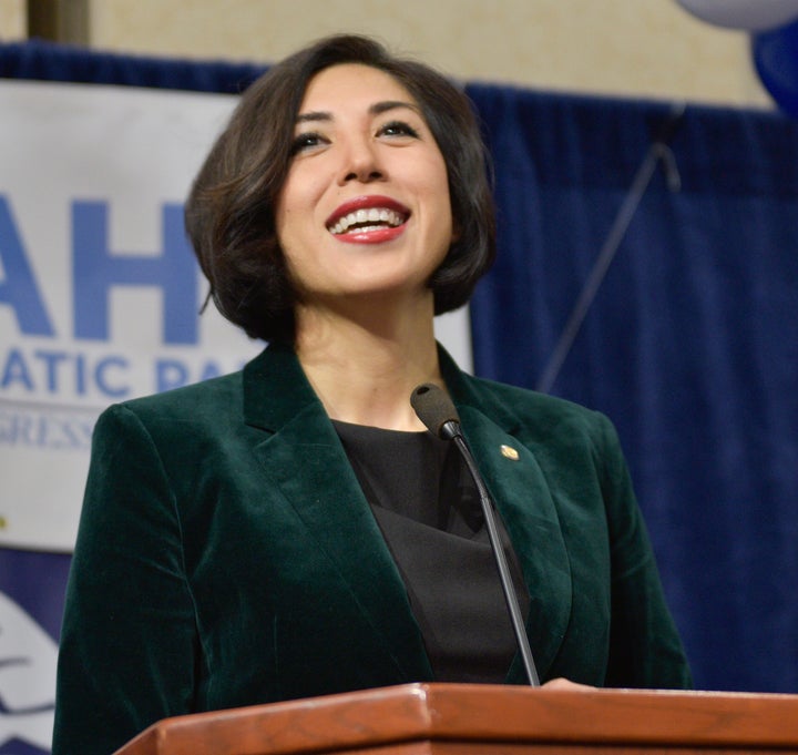 Democratic gubernatorial candidate Paulette Jordan addresses supporters at a 2018 election night party in Boise, Idaho.