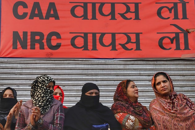 Protesters listen to speakers in Shaheen Bagh area on 23 January
