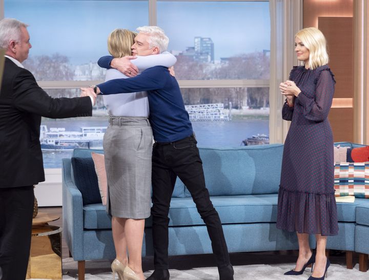 Ruth Langsford and Phillip Schofield shared a hug as she walked onto set