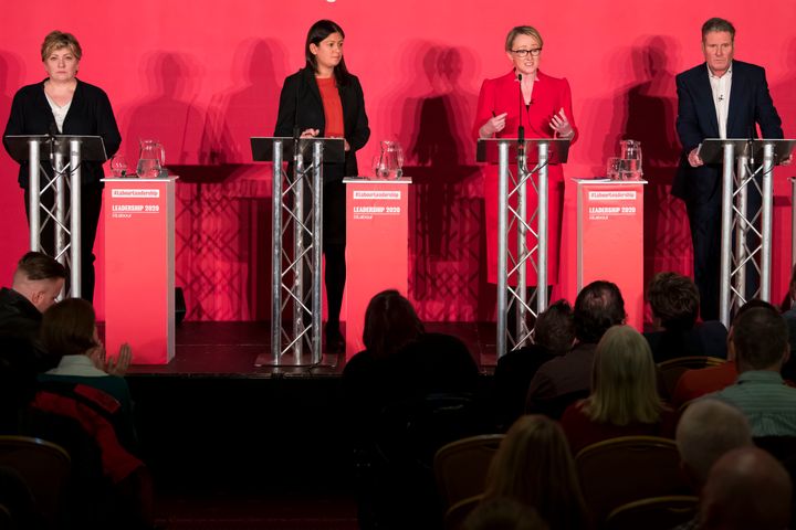 Labour leadership candidates (L-R) Emily Thornberry, Lisa Nandy, Rebecca Long-Bailey and Keir Starmer at hustings at Cardiff City Hall 
