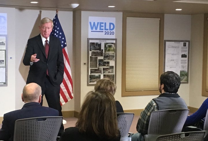 Former Massachusetts Gov. Bill Weld speaks to voters at the New London, New Hampshire, public library on Friday ahead of Tuesday's primary. Weld is the last remaining challenger to President Donald Trump for the 2020 GOP nomination.