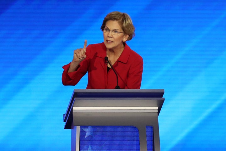 Democratic presidential candidate Sen. Elizabeth Warren (D-Mass.) participates in the Democratic presidential primary debate in the Sullivan Arena at St. Anselm College on Feb. 7, 2020, in Manchester, New Hampshire.