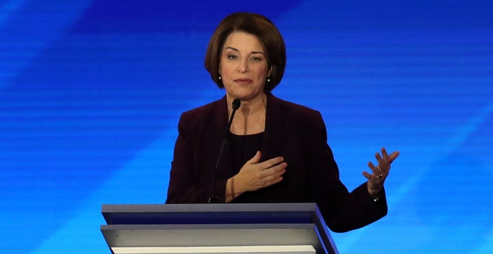Sen. Amy Klobuchar (D-Minn.) participates in the Democratic presidential primary debate in the Sullivan Arena at St. Anselm C