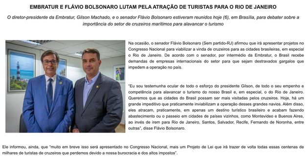 Matéria publicada e distribuída pela Embratur nesta sexta-feira (7) destaca Flávio Bolsonaro.