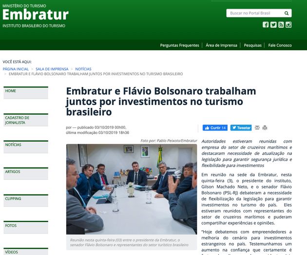 Outra reportagem registra que, em reunião em outubro com representantes do setor de cruzeiros marítimos, Flávio falou em nome do governo federal.