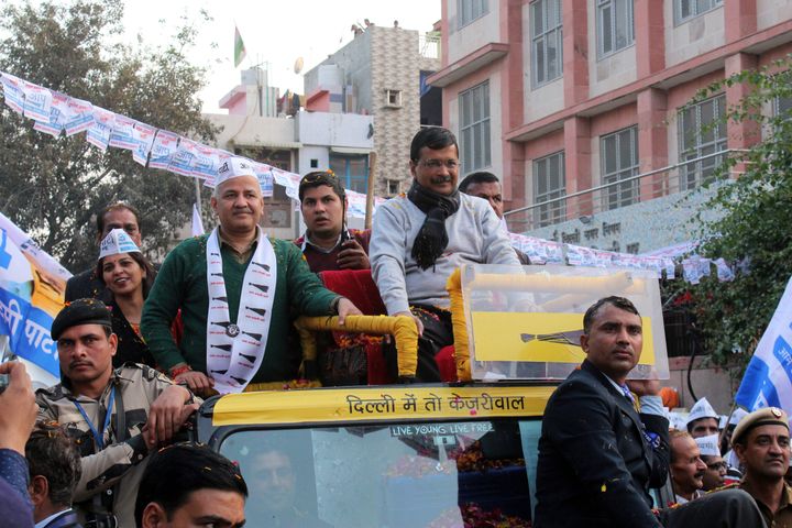 Delhi Chief Minister Arvind Kejriwal along with Deputy Chief Minister Manish Sisodia during a road show campaign for Aam Aadmi Party (AAP) at Patparganj ahead of Delhi Assembly Elections on February 3, 2020 in New Delhi.
