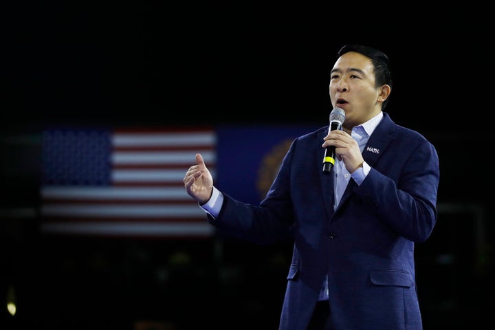 Democratic presidential candidate businessman Andrew Yang speaks at the McIntyre-Shaheen 100 Club Dinner, Saturday, Feb. 8, 2020, in Manchester, N.H. (AP Photo/Matt Rourke)