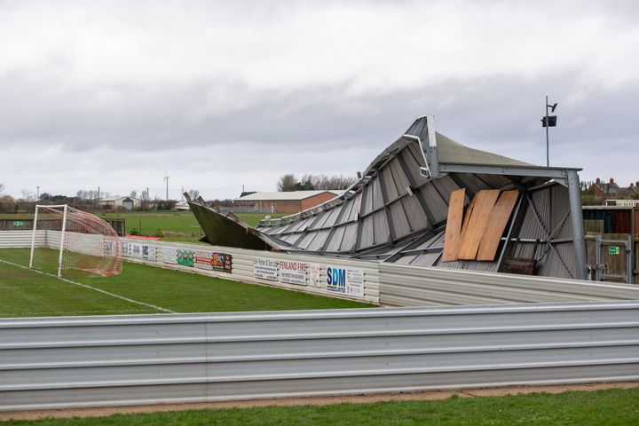 Damage to one of the stands at Wisbech Town Football Club in Cambridgeshire.
