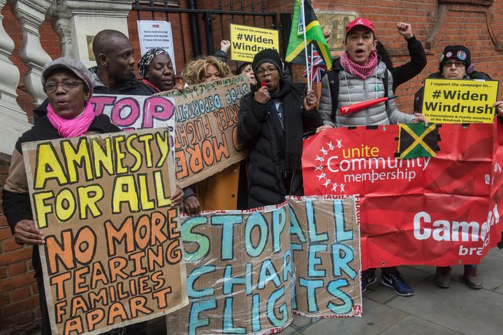 Protestors from the Movement For Justice group demonstrate outside the Jamaican High Commission in London to demand that Jamaica stops cooperating with deportation flights.