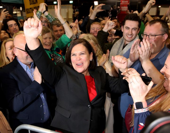 Sinn Fein leader Mary Lou McDonald celebrates with supporters after topping the poll in Dublin.