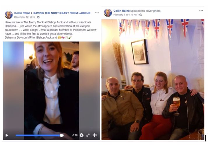 Left, a post Colin Raine made of Davison on election night and, right, Raine posing with Davison at a Brexit party in Bishop Auckland