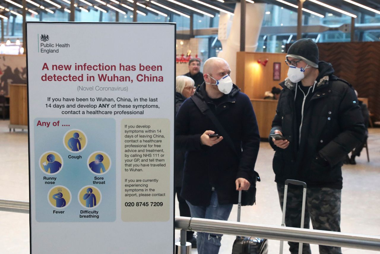 A sign at Heathrow Airport about coronavirus 