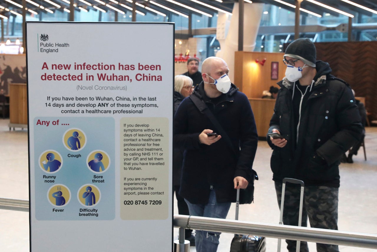 A sign at Heathrow Airport about coronavirus