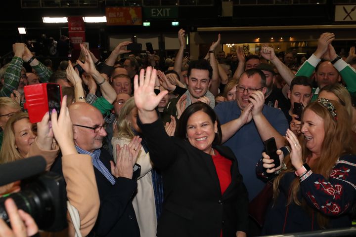 Sinn Fein Leader Mary Lou McDonald is elected as ballot papers are counted at the RDS in Dublin during the Irish general election count