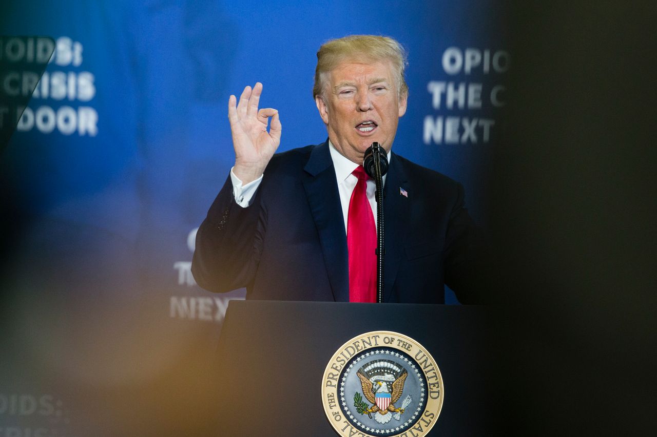 President Donald Trump delivers a speech on his administration's plans to combat the opioid crisis at Manchester Community College in Manchester, New Hampshire, on March 19, 2018.