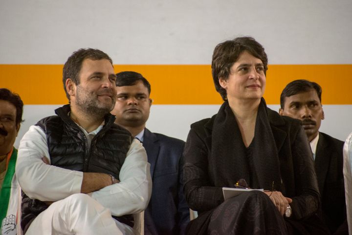 Rahul Gandhi and Priyanka Gandhi during a rally on February 5, 2020 in Delhi.
