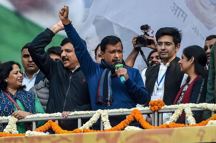 Aam Aadmi Party chief Arvind Kejriwal speaks to his supporters at the party headquarters in New Delhi on February 11, 2020.