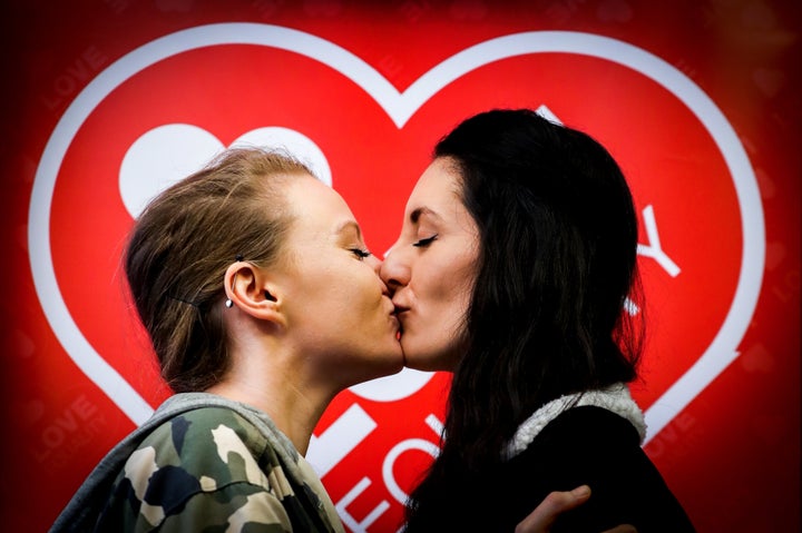 Robyn Peoples (left) and Sharni Edwards appear at the offices of the Rainbow Project, Belfast. 