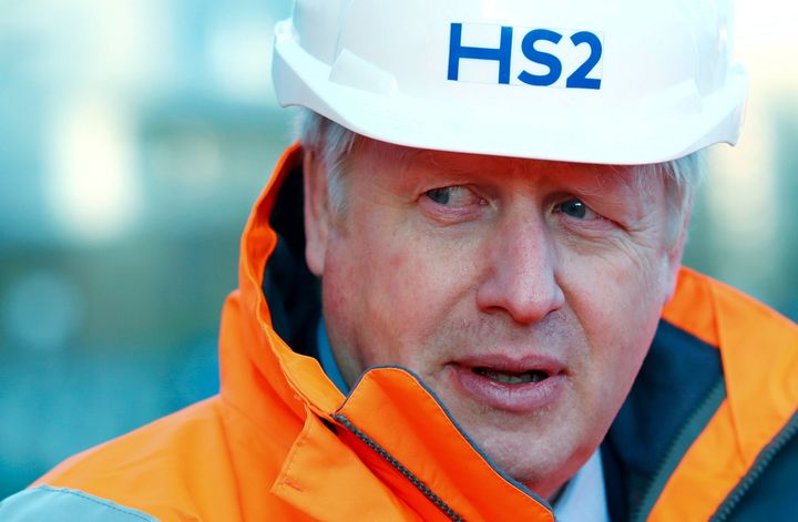 Boris Johnson looks on during a visit to Curzon Street railway station where the new High Speed 2 (HS2) rail project is under construction in Birmingham