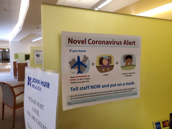 Warning sign with text reading "Novel Coronavirus Alert," referring to quarantine and screening procedures for patients at a John Muir Health medical center in Walnut Creek, California, Feb. 9, 2020.