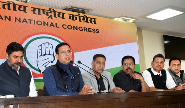 Congress spokesperson Randeep Singh Surjewala and other party leaders during a press conference after...