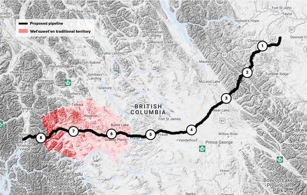 Planned construction phases along the proposed pipeline route and how it intersections with Wet'suwet'en