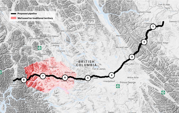 Planned construction phases along the proposed pipeline route and how it intersections with Wet'suwet'en territory.